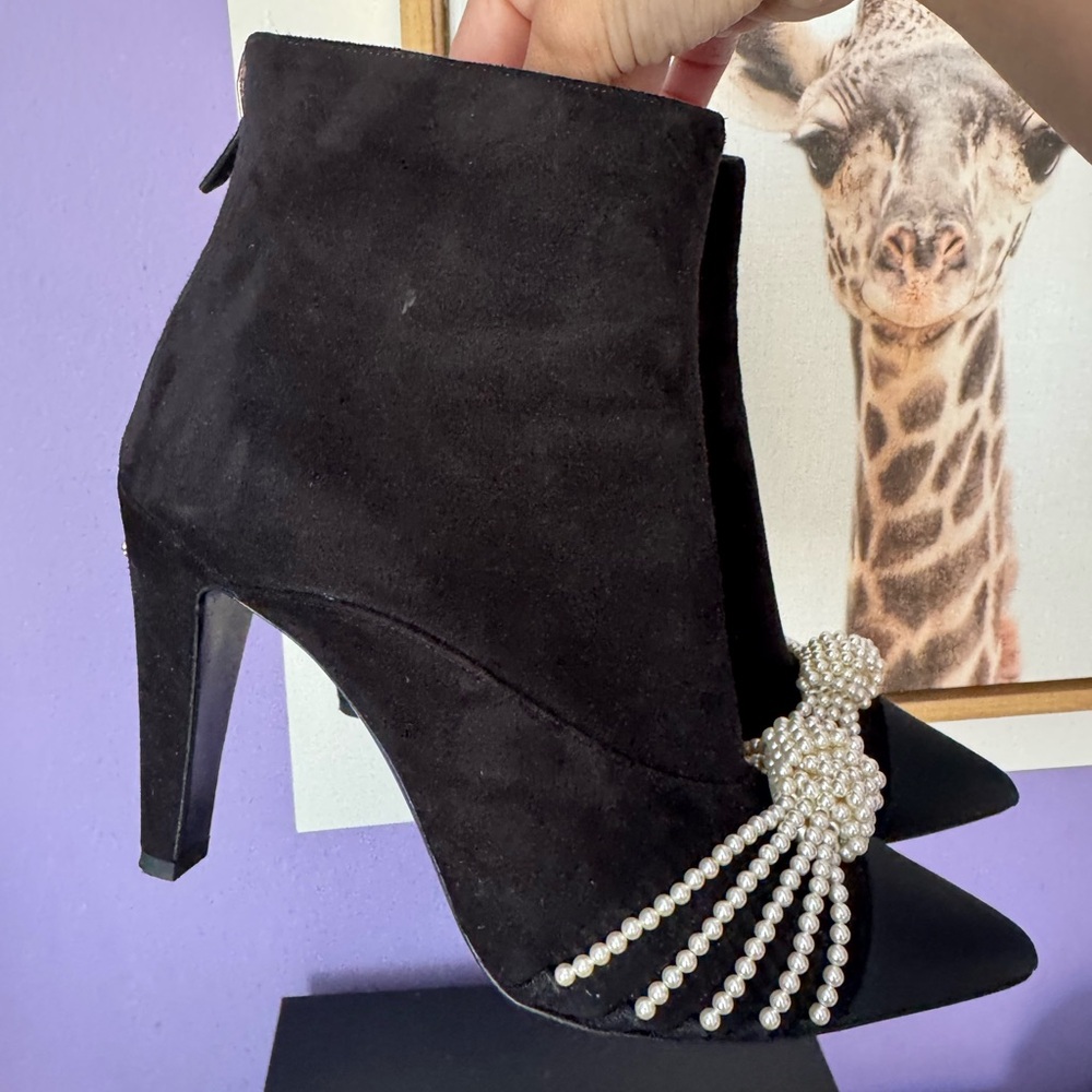 Chanel Black Pearl-Embellished Suede Ankle Boots - Women with golden CC heels - Picture 3 of 16